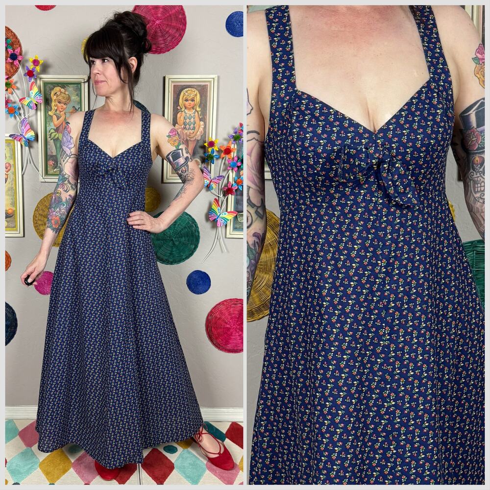 Vintage 1970s Blue Calico Print Crisscross Back Maxi Sundress